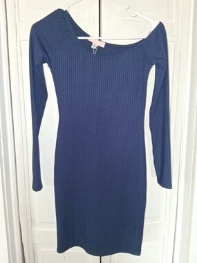 Missguided Navy Ribbed Long Sleeve Bodycon Dress